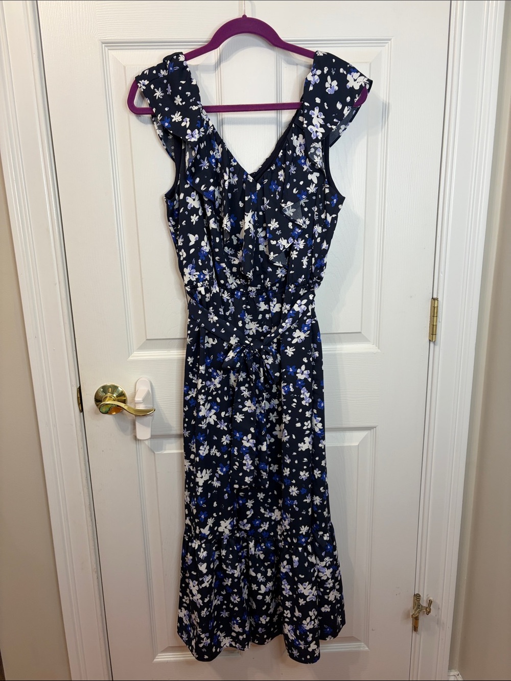 DKNY Navy Blue Floral Ruffle Midi Dress Women’s Size 14